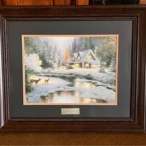 Framed Winter Cabin Art with Deer